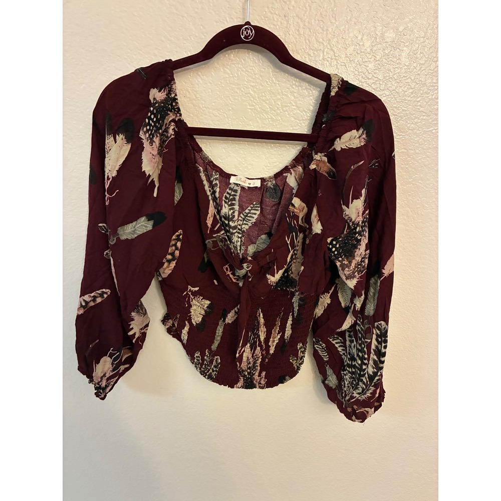 Blush J Burgundy Feather Print Tie Front Smocked Crop Top Womens 3XL Boho Blouse